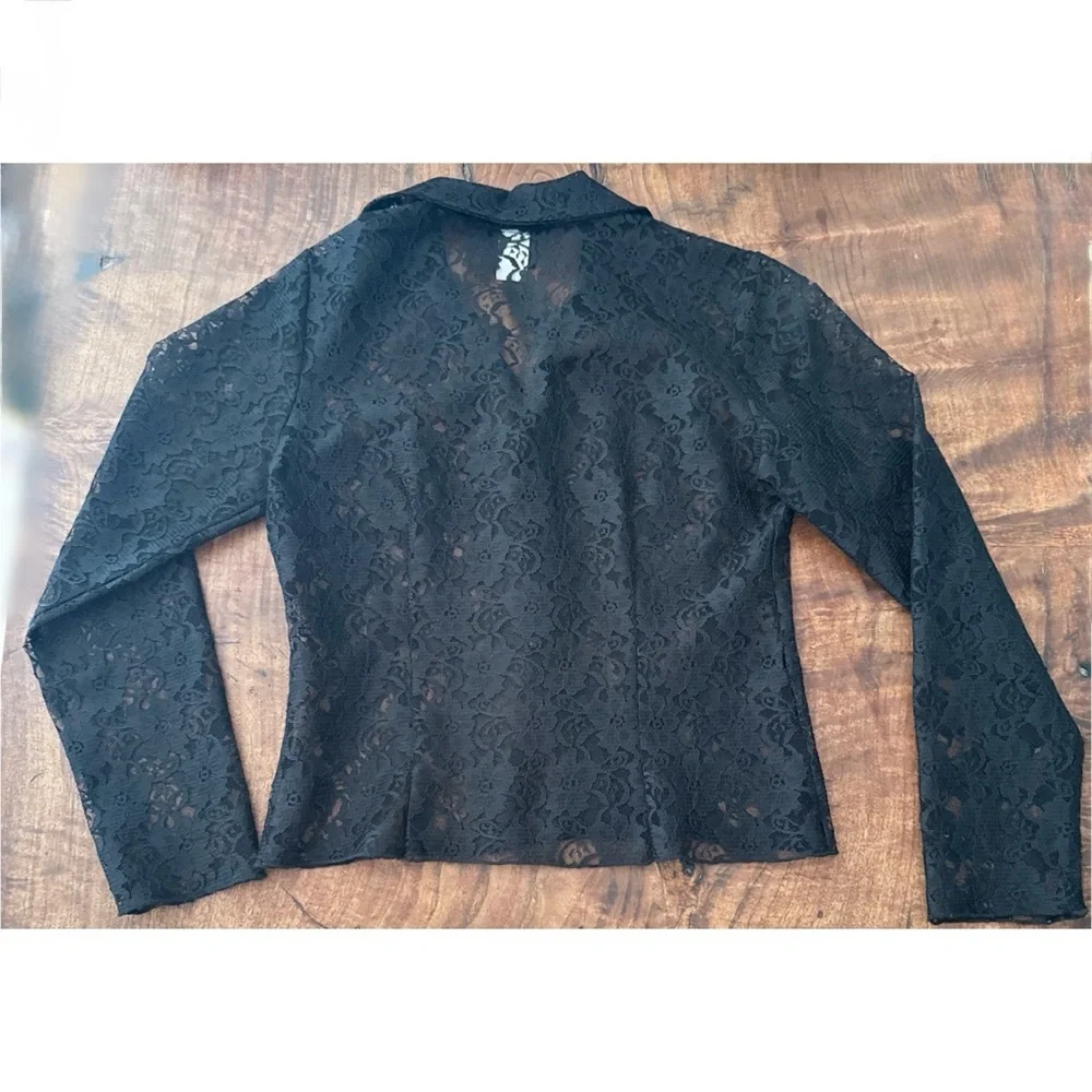 Vintage Rue Twenty One OPTIONS Sheer Black Lace Corset Eye Hook Blouse M Y2K 90s